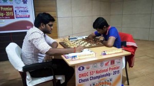 GM Karthikeyan Murali (right) overtook Karthikeyan to second spot by beating IM P Shyaam Nikhil